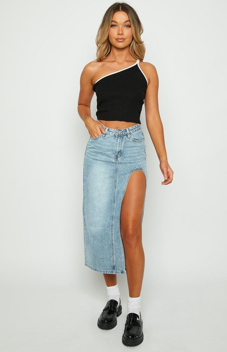 Aysha Cutout Blue Denim Midi Skirt Product Image