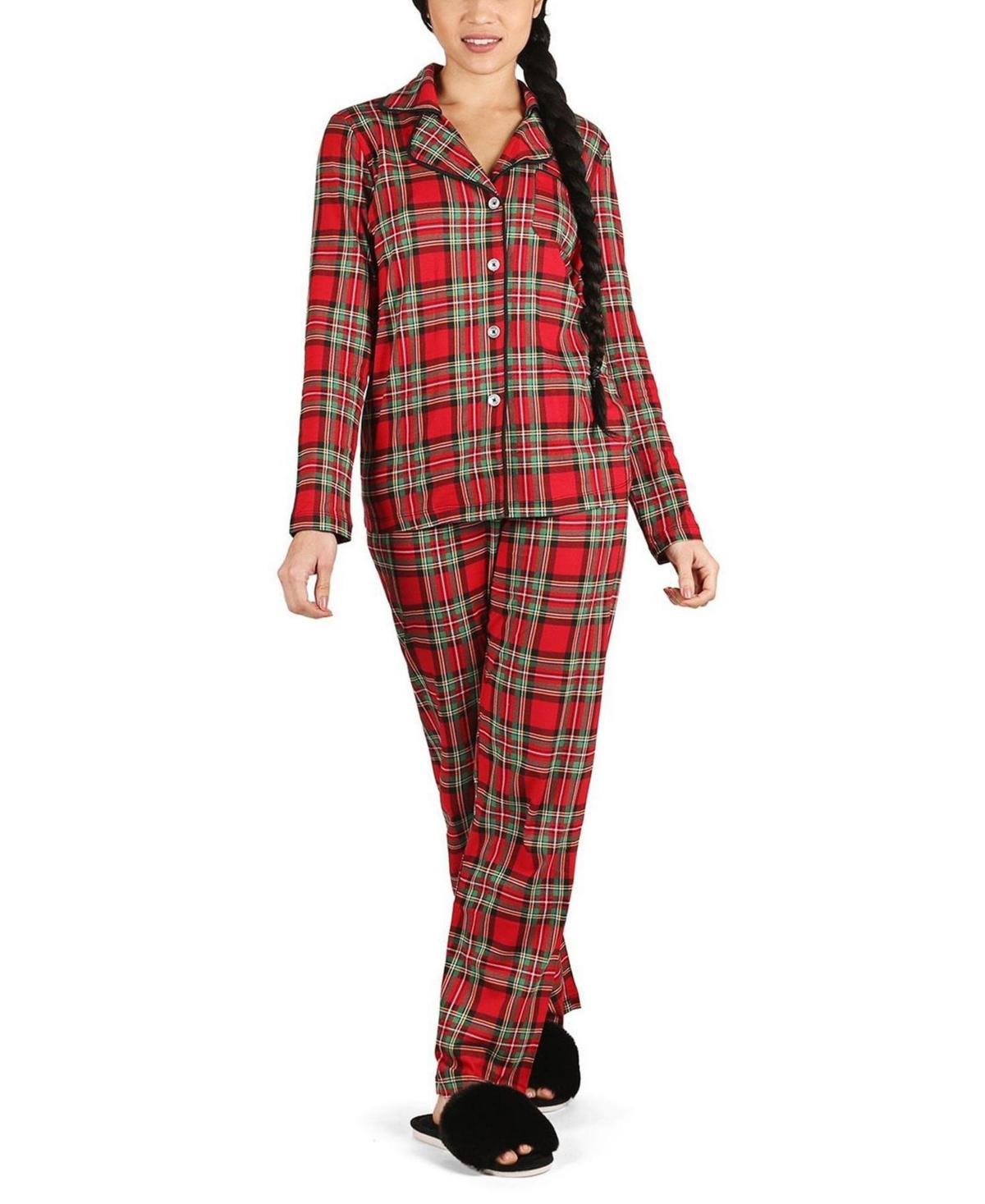 MeMoi Womens Plaid Notch Collar Cotton Blend Pajama Set Product Image