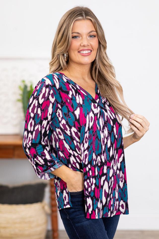 Hot Pink and Teal Abstract Animal Print Top Product Image