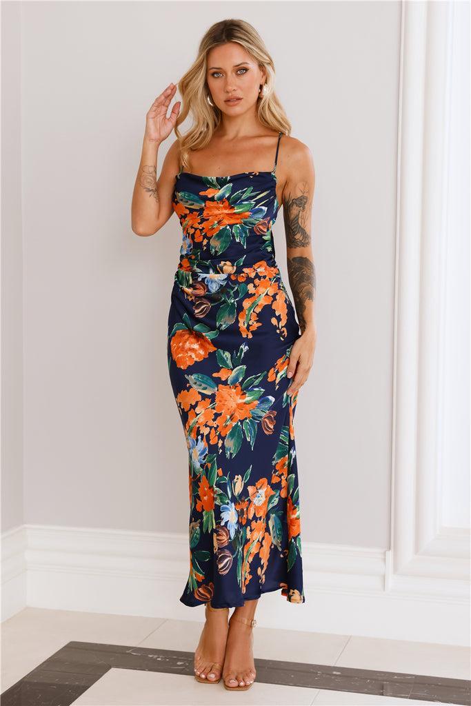 Pretty Me Satin Maxi Dress Navy Product Image