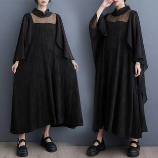 Long Sleeve Mesh Insert Asymmetrical Hem Maxi Dress Product Image