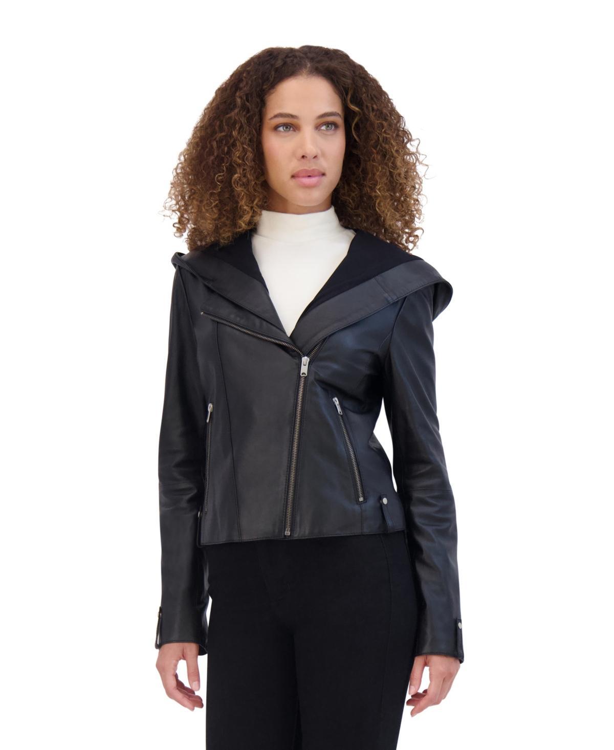 Andrew Marc Womens Lunar Lightweight Leather Hooded Moto Jacket Product Image