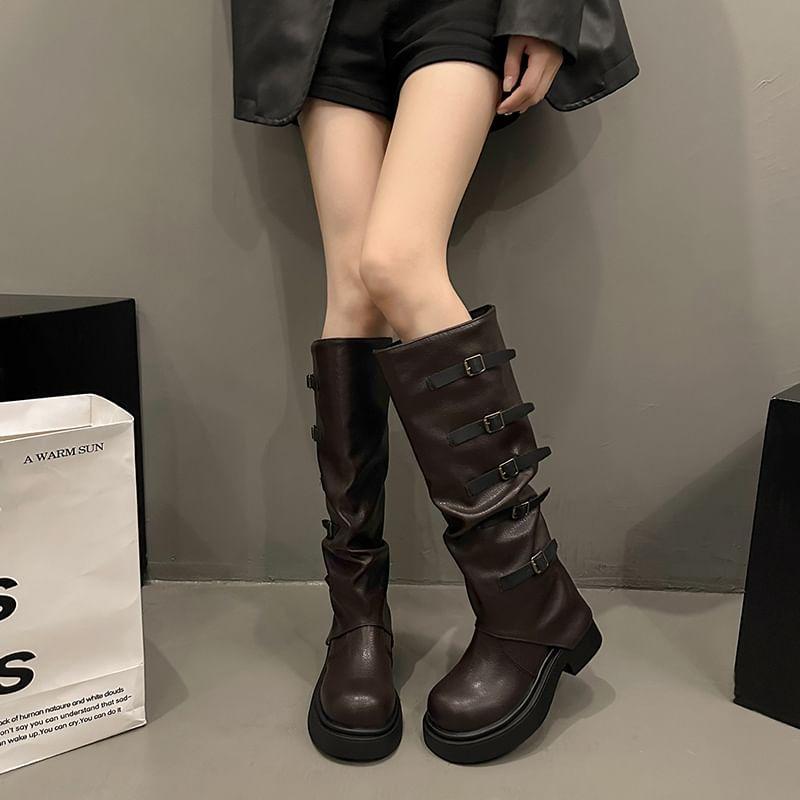 Faux Leather Platform Buckled Tall Boots product image