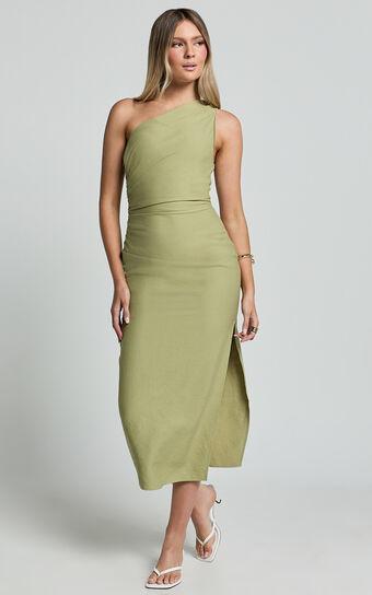 Arnie Midi Dress - One Shoulder Side Split Dress in Matcha Green Product Image