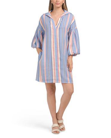 Linen Blend Printed Puff Sleeve Mini Dress for Women Product Image