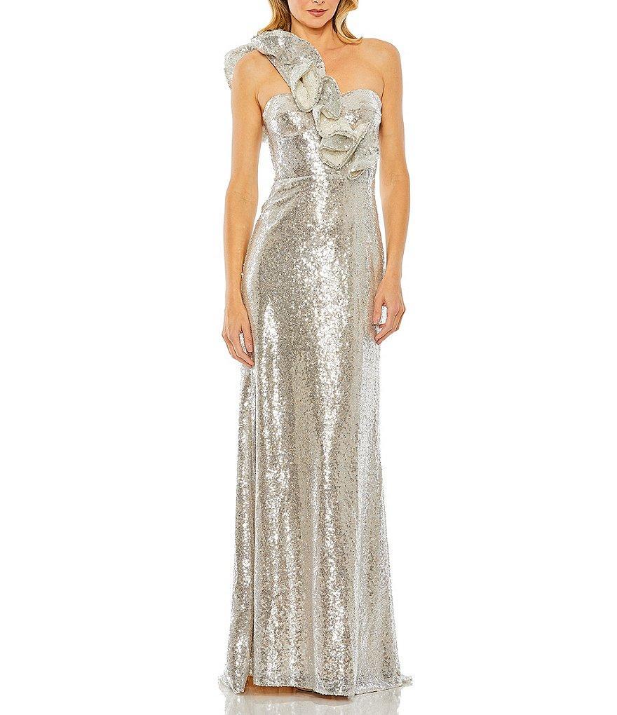 Mac Duggal Sequin Ruffle One Shoulder Sleeveless Gown Product Image