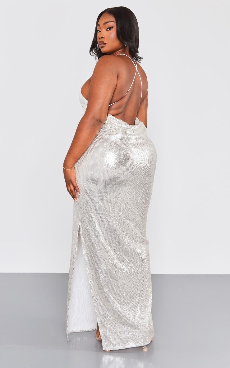  Plus Champagne Sequin Racer Neck Cowl Back Maxi Dress Product Image