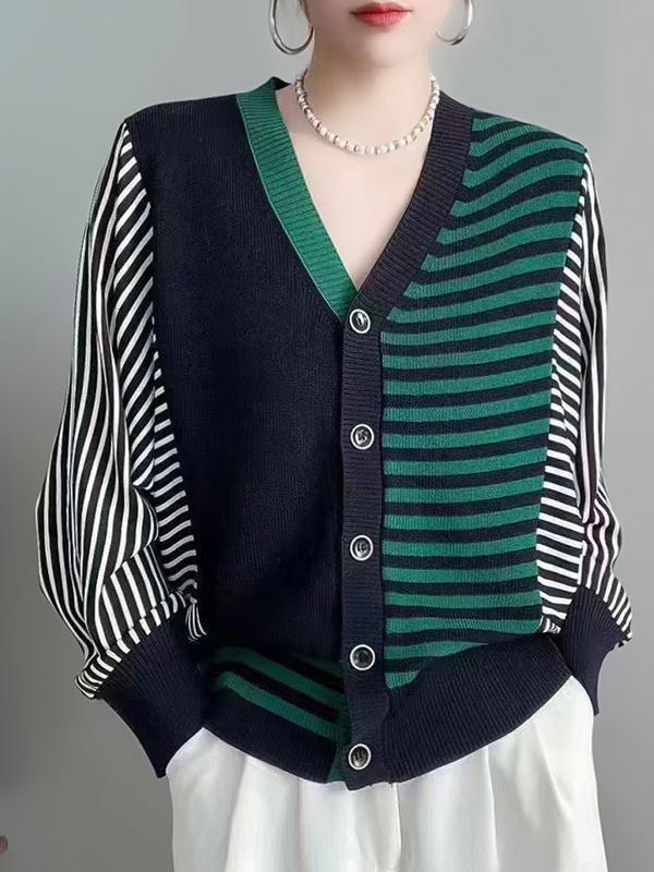 Long Sleeves Loose Buttoned Contrast Color Split-Joint Striped V-Neck Cardigan Tops Knitwear Product Image