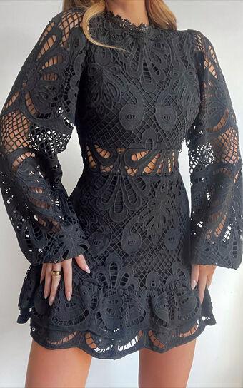 Kiss Me Now Mini Dress - Long Puff Sleeve Dress in Black Lace Product Image