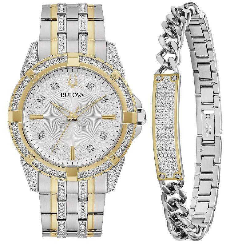 Mens Bulova Two-Tone Stainless Crystal Accent Watch and Crystal ID Bracelet Box Set Gold Silver Product Image