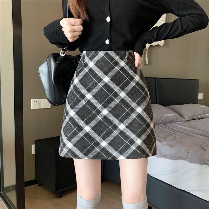 High Waist Plaid Mini A-Line Skirt Product Image