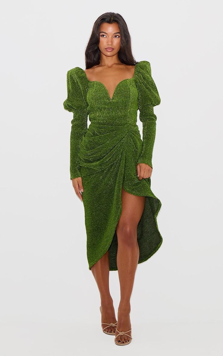 Green Glitter Plisse Puff Sleeve V Bar Draped Midi Dress Product Image