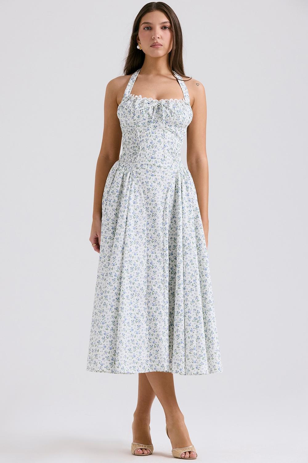 Adabella White Bluebell Print Cotton Halter Sundress Product Image