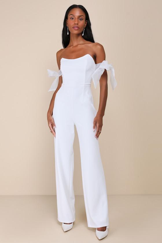 Pristine Aura White Tie-Strap Off-the-Shoulder Jumpsuit Product Image