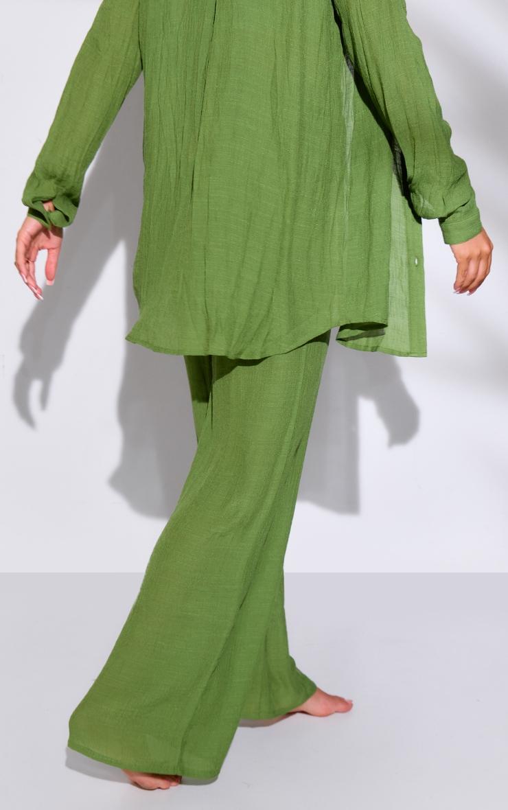 Dark Green Textured Linen Look Drawstring Waist Pants Product Image