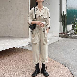 Long-Sleeve Collared Plain Button Jumpsuit Product Image