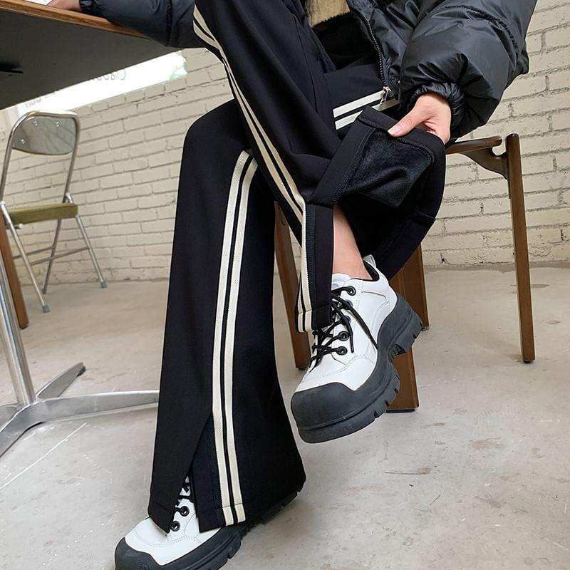 High Rise Striped Slit Fleece-Lined Flared Sweatpants Product Image