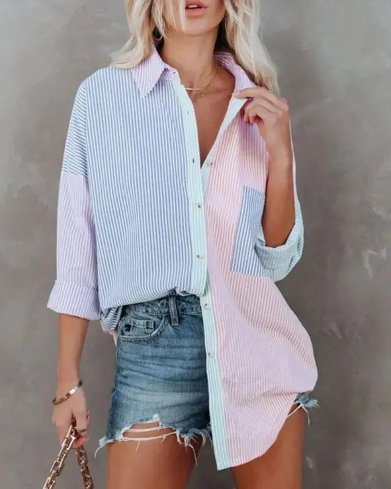 Olivia Mark – Color Block Striped Button Down Shirt Product Image