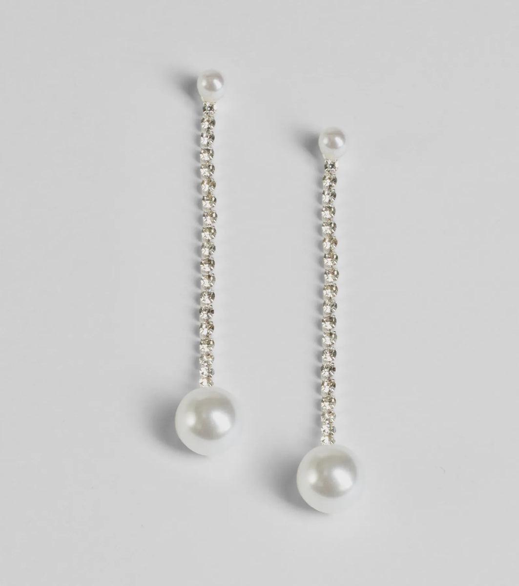 Simply Elegant Pearl And Rhinestone Drop Earrings Product Image