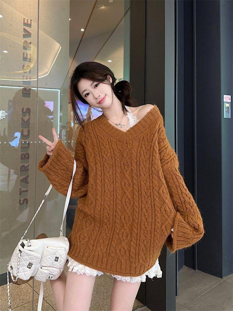 V-Neck Plain Cable Knit Oversized Sweater Product Image