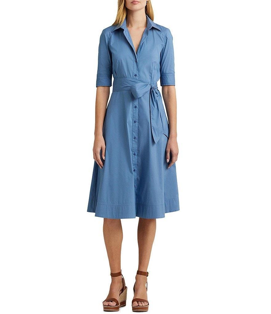 Lauren Ralph Lauren Petite Size Belted Cotton-Blend Point Collar Short Sleeve Button Front Fit and Flare Midi Shirt Dress Product Image