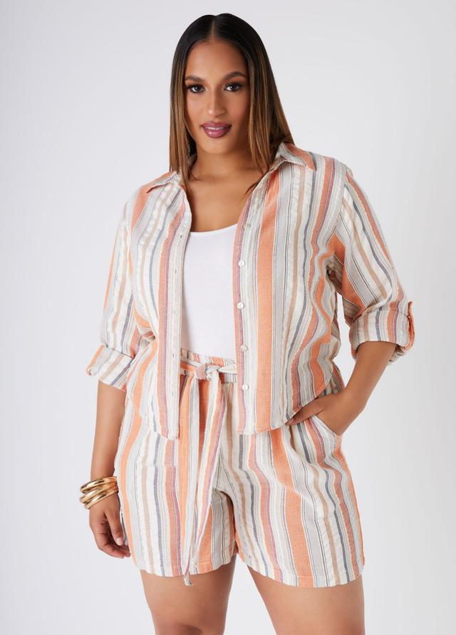 Plus Size Cropped Striped Gauze Shirt Ashley Stewart Product Image