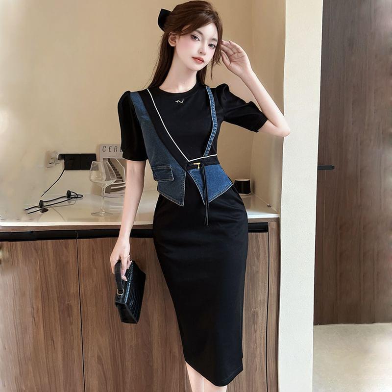 Mock Two-Piece Short-Sleeve Denim Panel Midi Sheath Dress Product Image