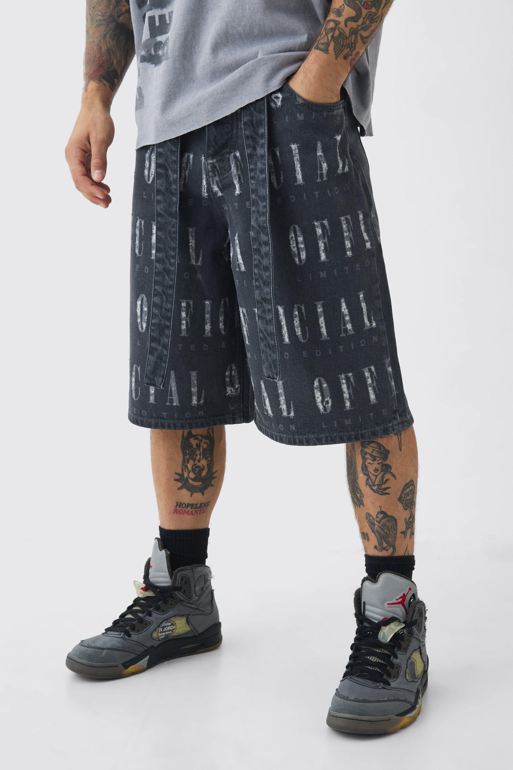 Regular Rigid Official Distressed Denim Jorts In Mid Grey | boohooMAN USA Product Image