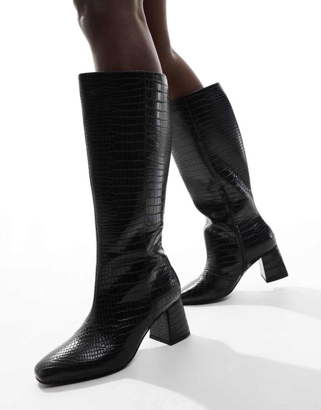 London Rebel Lara wide fit mid block heel knee boots in black croc Product Image