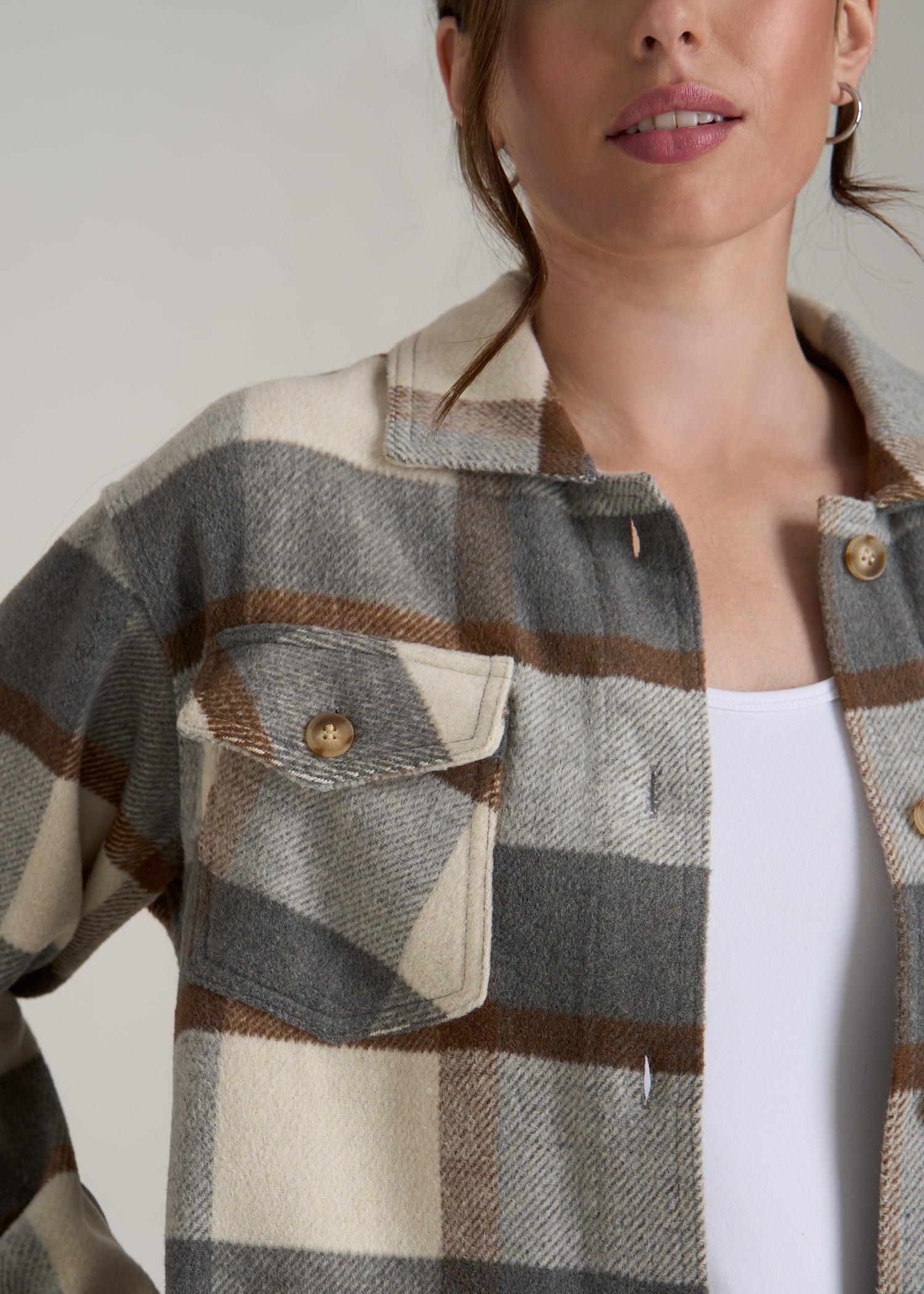 Flannel Women's Tall Shacket in Grey and Cream Plaid Female Product Image