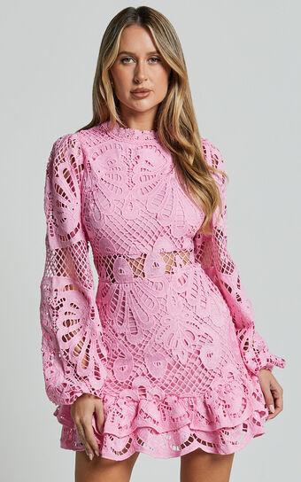 Kiss Me Now Mini Dress - Long Puff Sleeve Dress in Pink Product Image