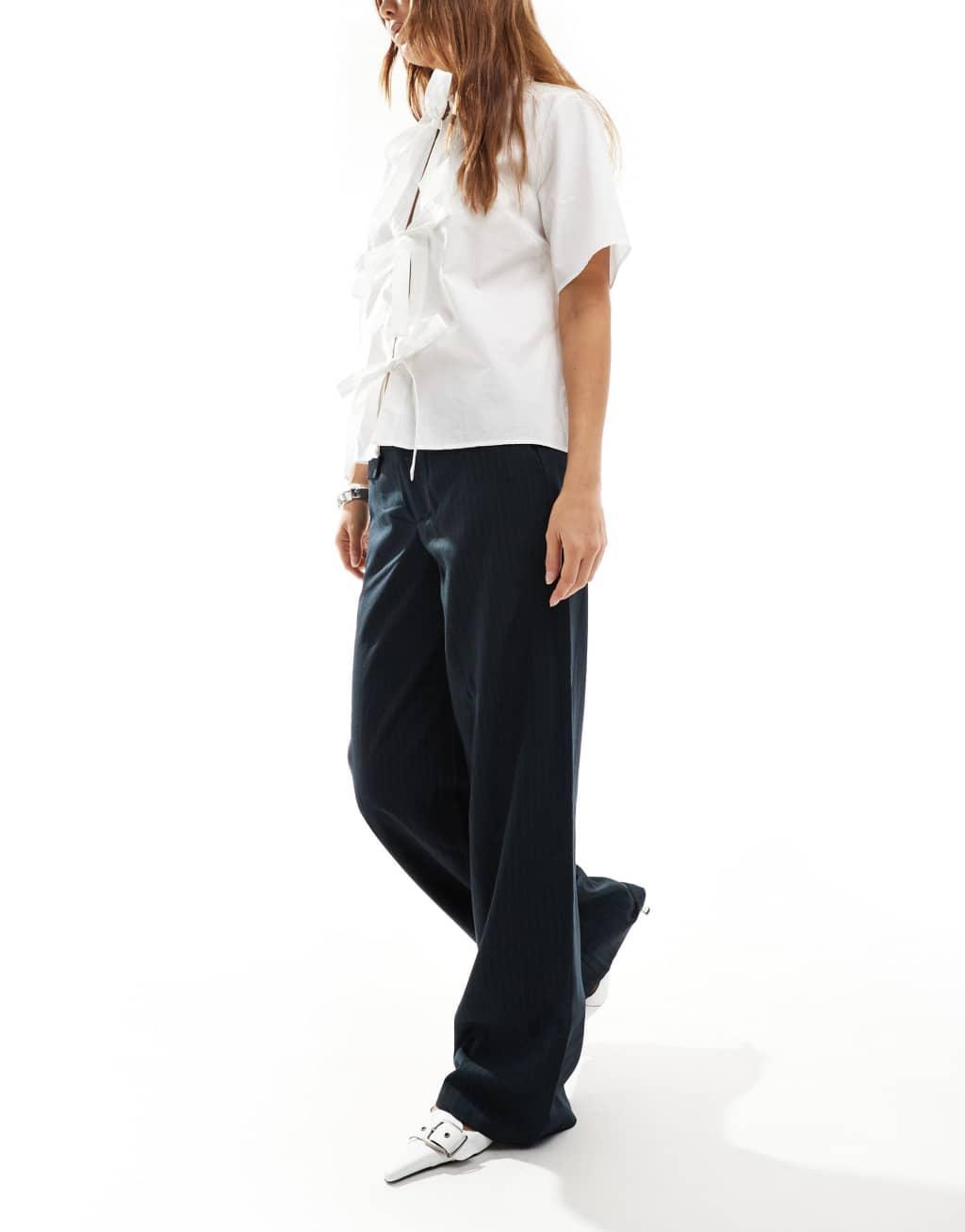 ONLY wide leg pants with pocket detail in navy pinstripe Product Image