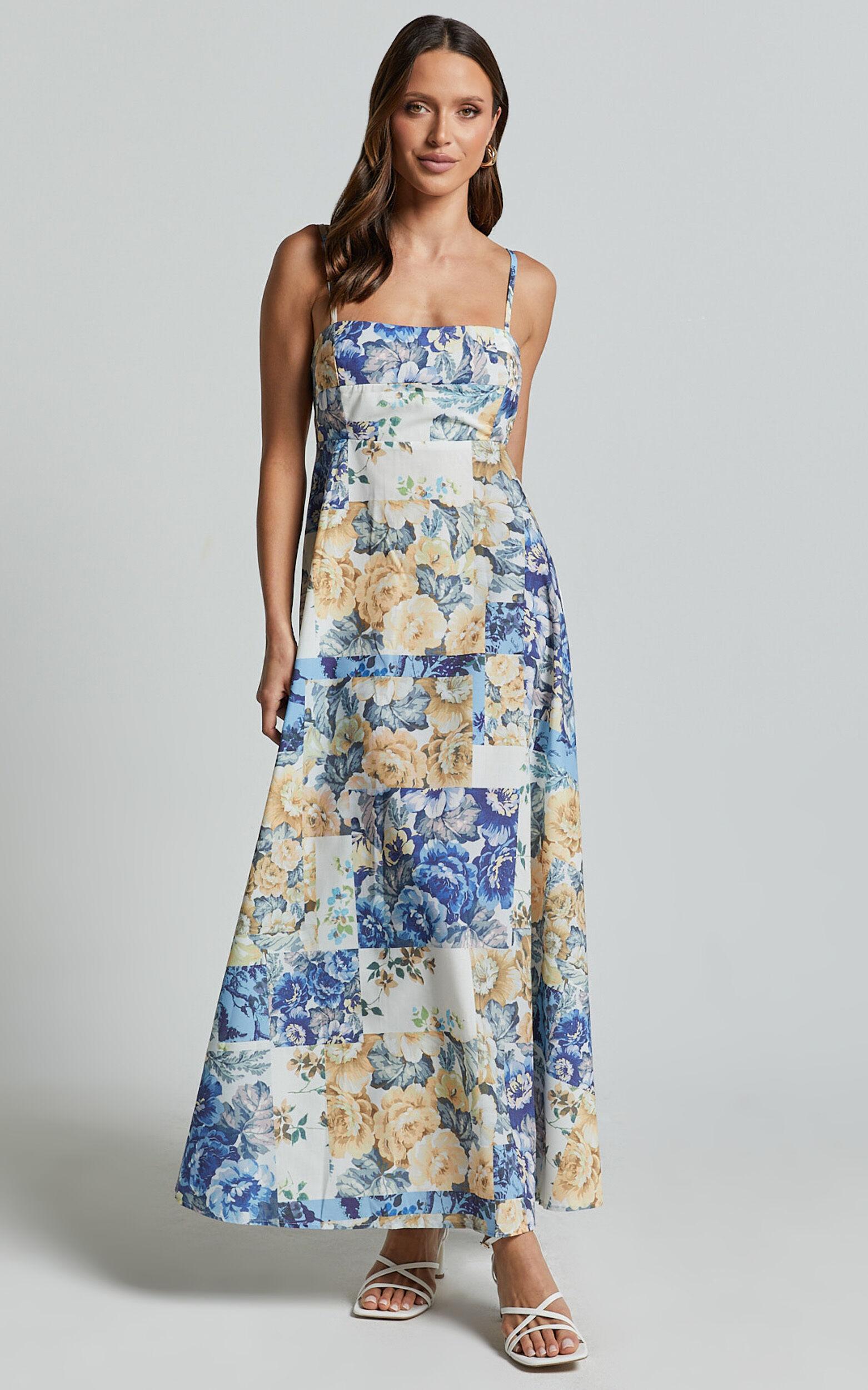 Olivia Midi Dress - Straight Neck Strappy A-Line Dress in Patchwork Floral product image