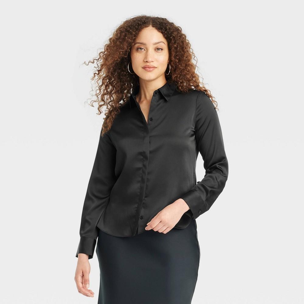 Womens Long Sleeve Satin Button-Down Shirt - A New Day Black M Product Image