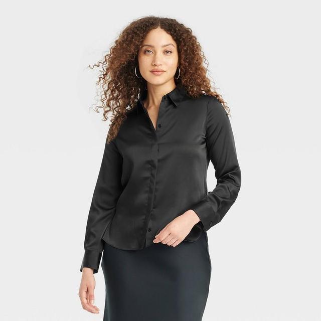 Womens Long Sleeve Button-Down Satin Shirt - A New Day Black L Product Image