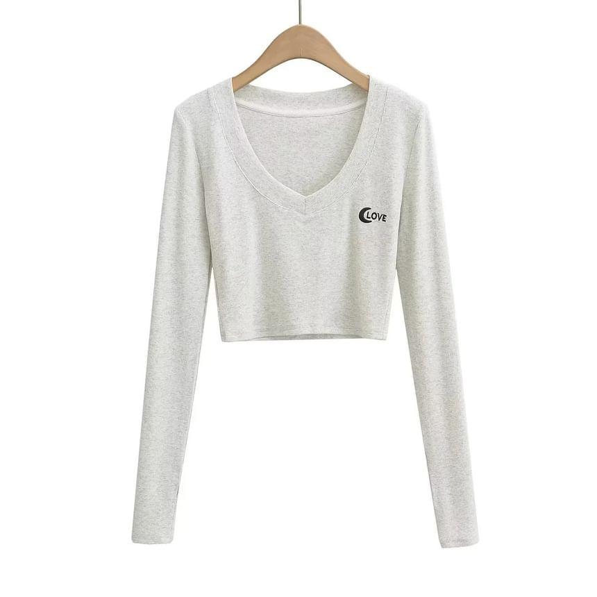 Long-Sleeve V-Neck Letter Embroidered Cropped Tee Product Image