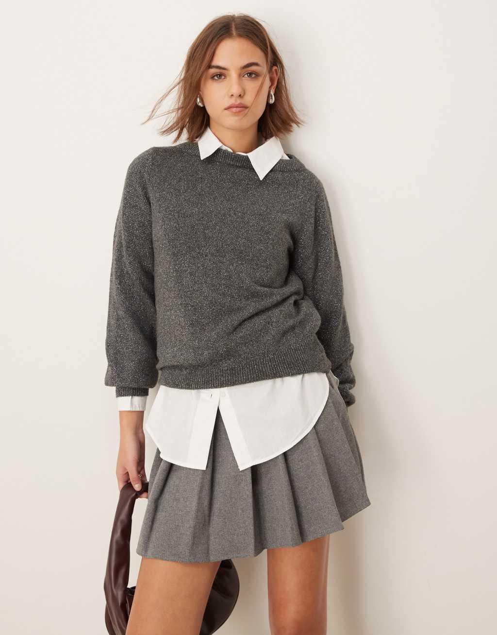 JDY boat neck glitter sweater in dark gray  Product Image