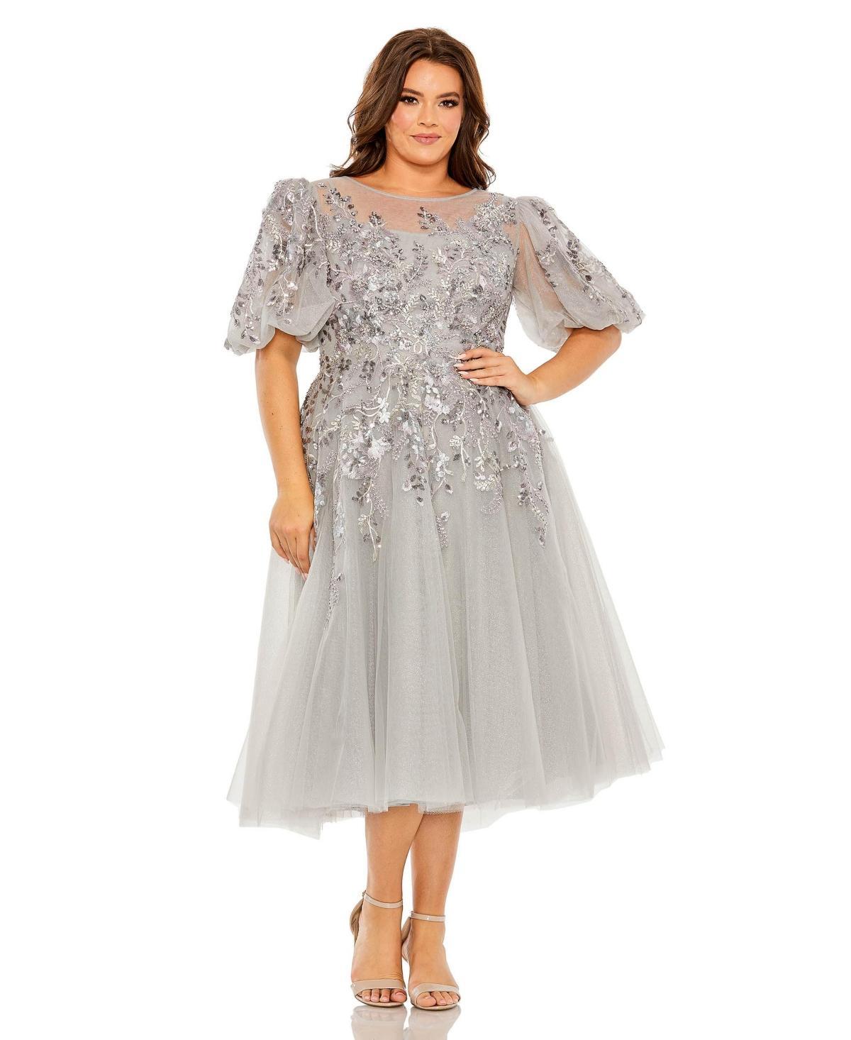 Mac Duggal Plus Size Short Puff Sleeve Illusion Neck Glitter Embellished Dress Product Image