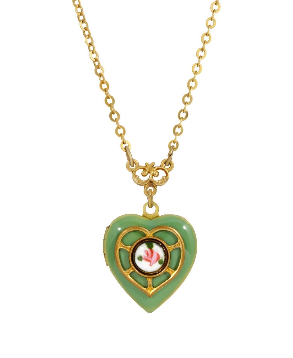 1928 Gold Tone Enamel Floral Heart Locket Necklace, Womens, Blue Product Image