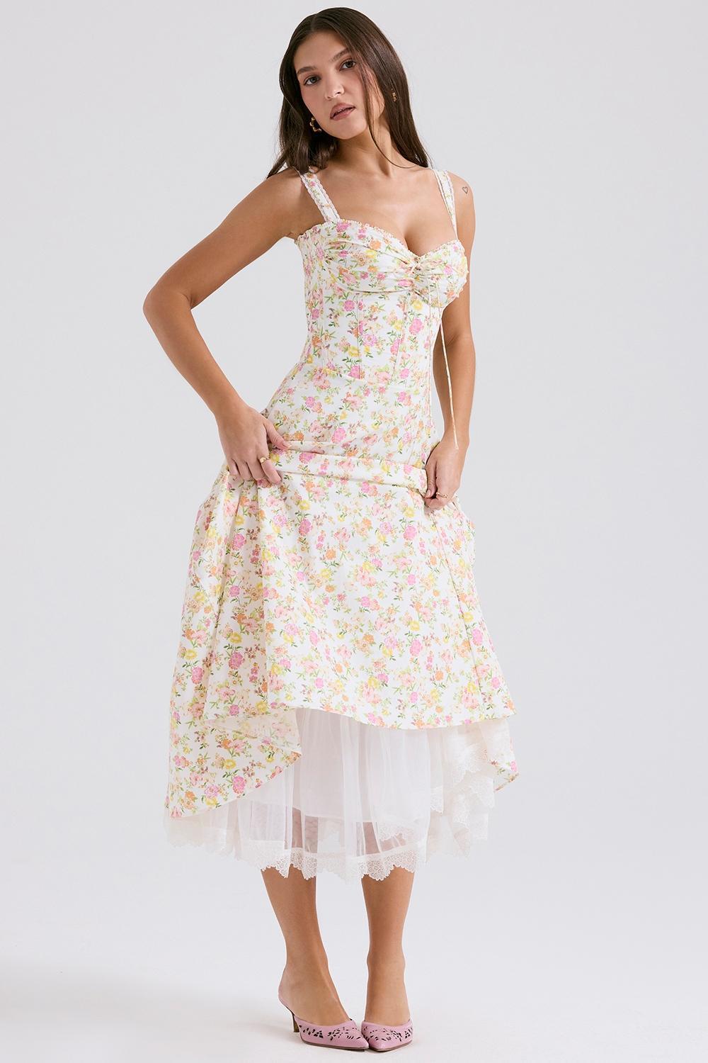 Rosalee Ivory Meadow Print Cotton Bustier Sundress Product Image