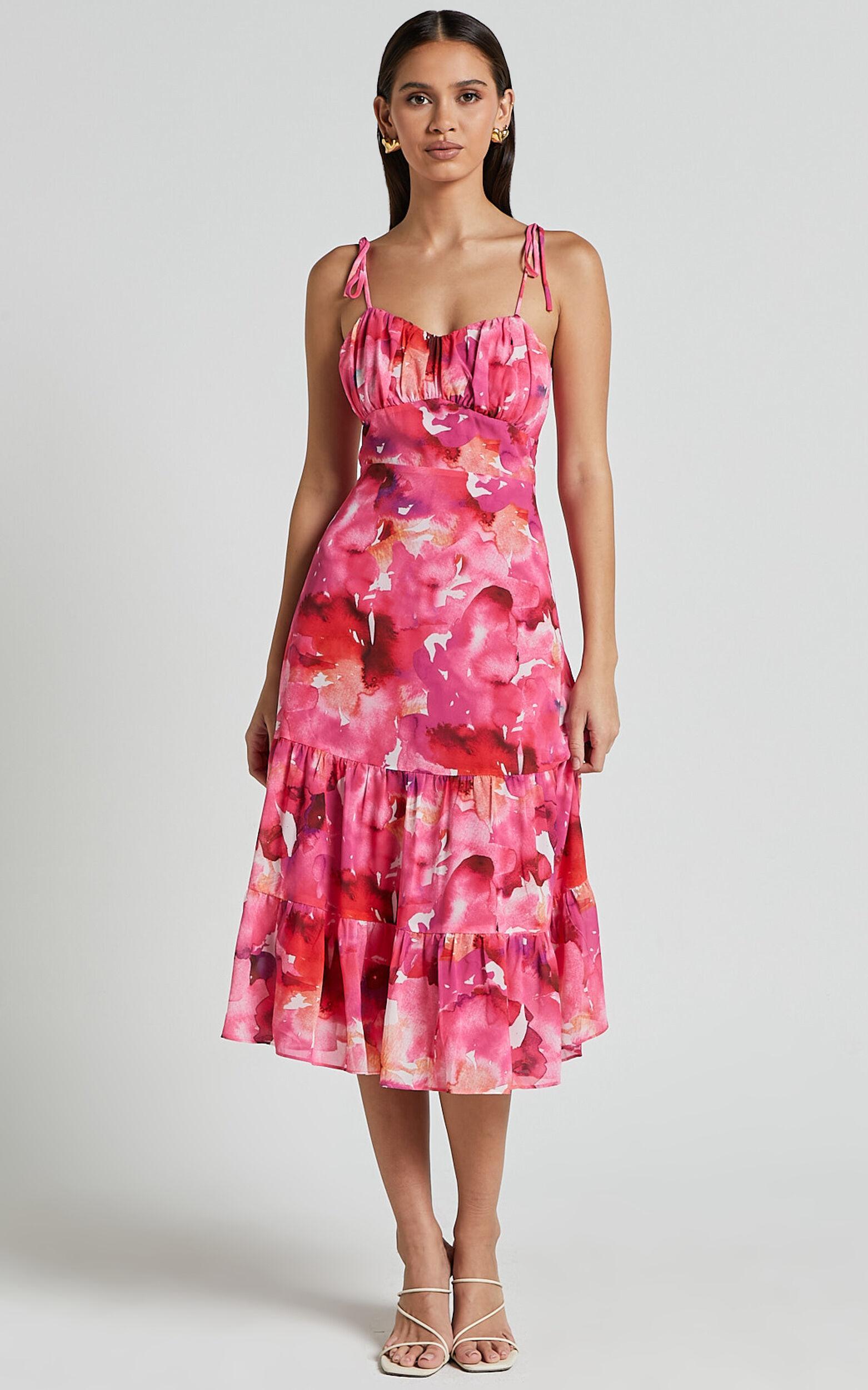 Marina Midi Dress - Tie Shoulder Ruched Bust Dress in Evie Print Product Image