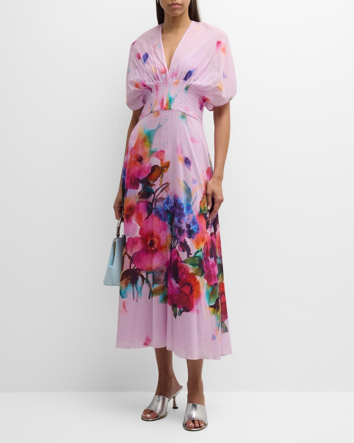 Isabel Watercolor Floral-Print Short-Sleeve Pleated-Waist Midi Dress Product Image