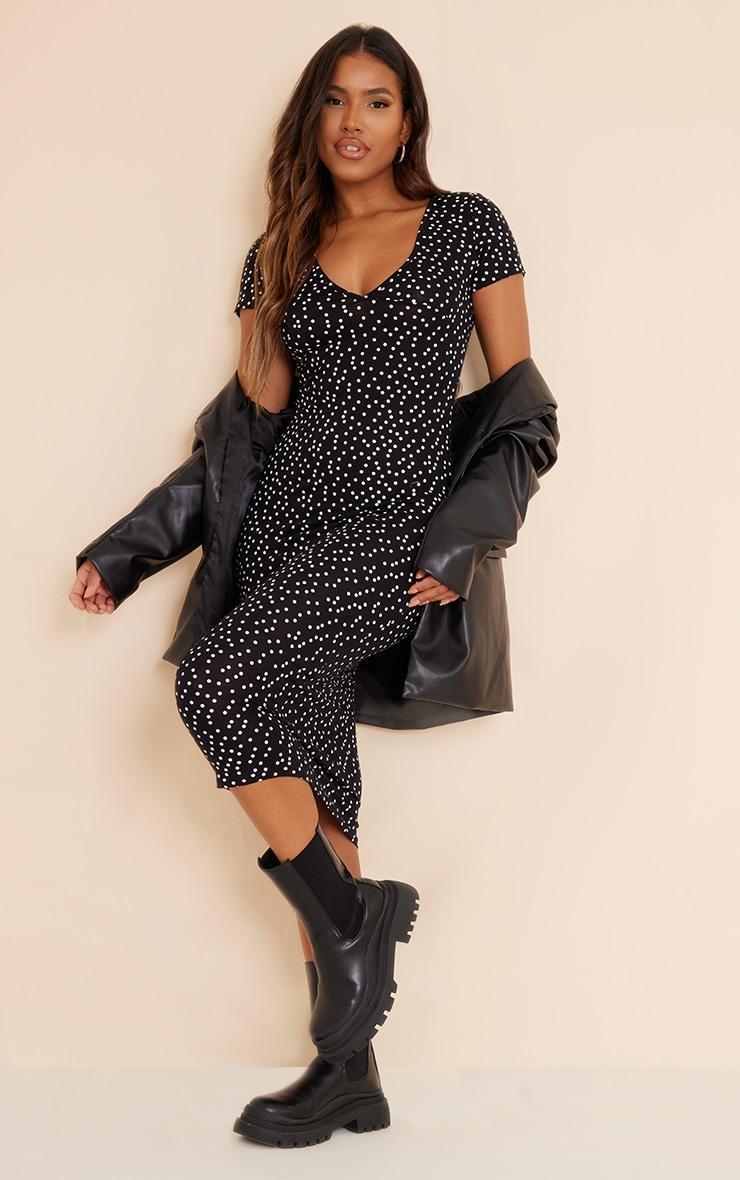 Black Polka Dot Ruched Bust Midi Dress Product Image