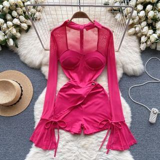 Long-Sleeve Collared Plain Mesh Panel Romper Product Image