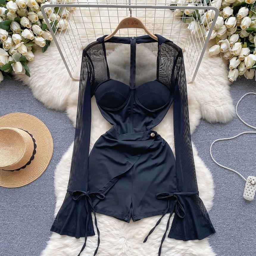 Long-Sleeve Collared Plain Mesh Panel Romper Product Image