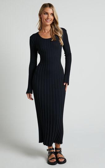 Blaire Midi Dress - Long Sleeve Tie Back Flare Dress in Black Product Image