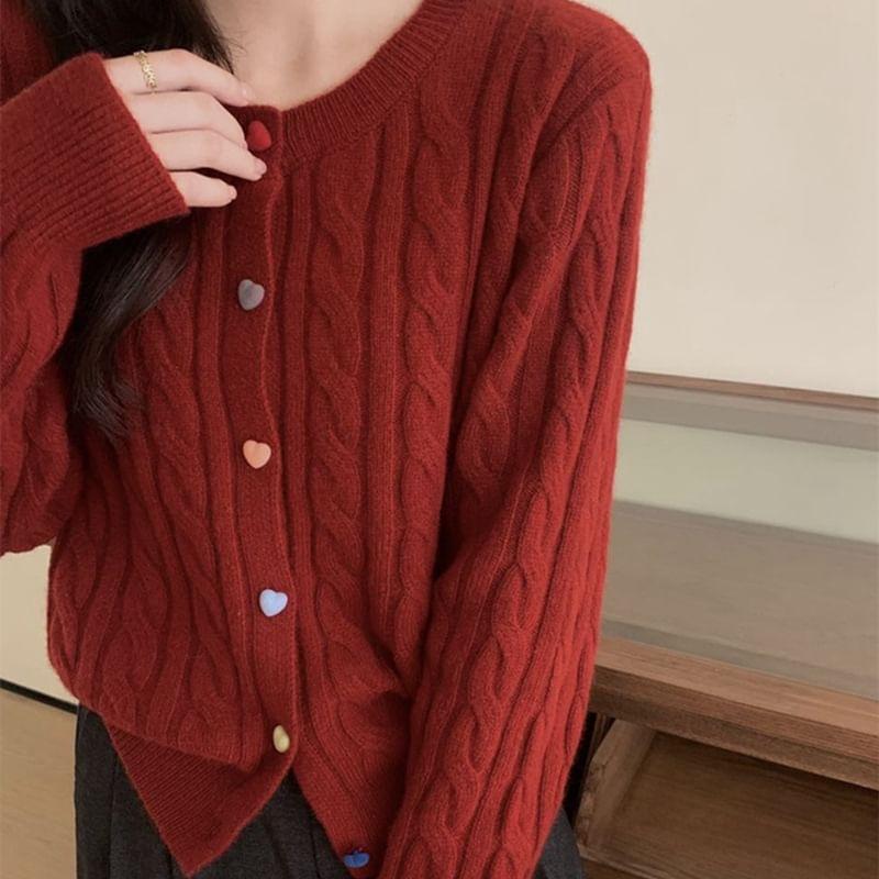 Round Neck Heart Button Cable Knit Cardigan Product Image