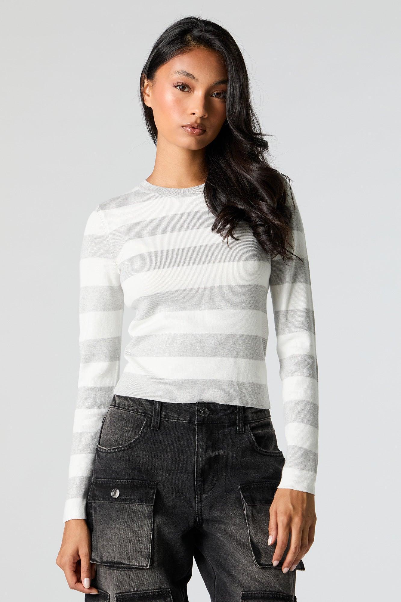 Striped Ribbed Knit Crewneck Sweater Female Product Image