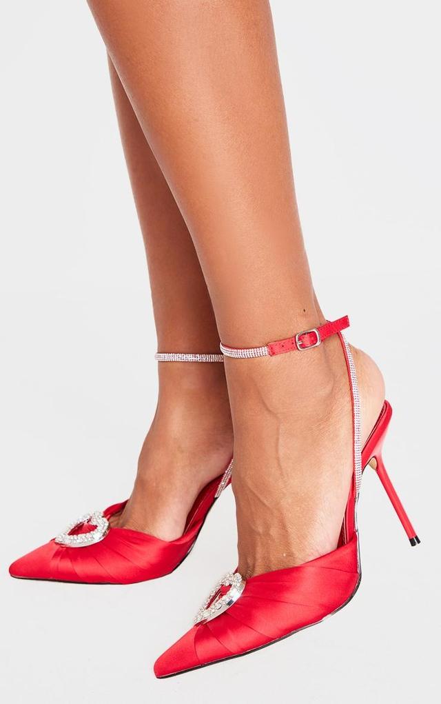 Red Satin Point Toe Diamante Heart Court Heels Product Image