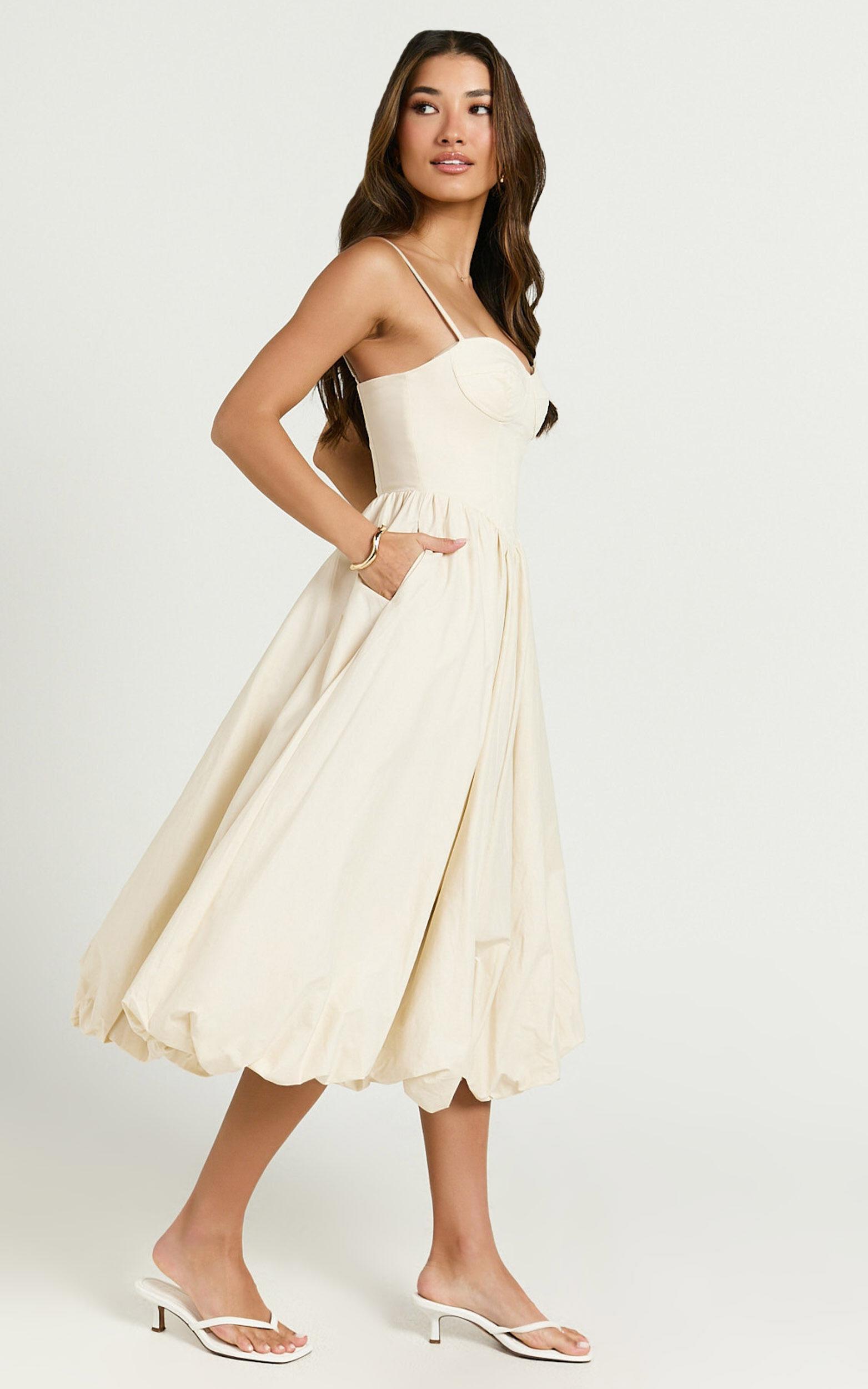 Kara Midi Dress - Strapped Bustier Bubble Hem Dress in Cream Product Image